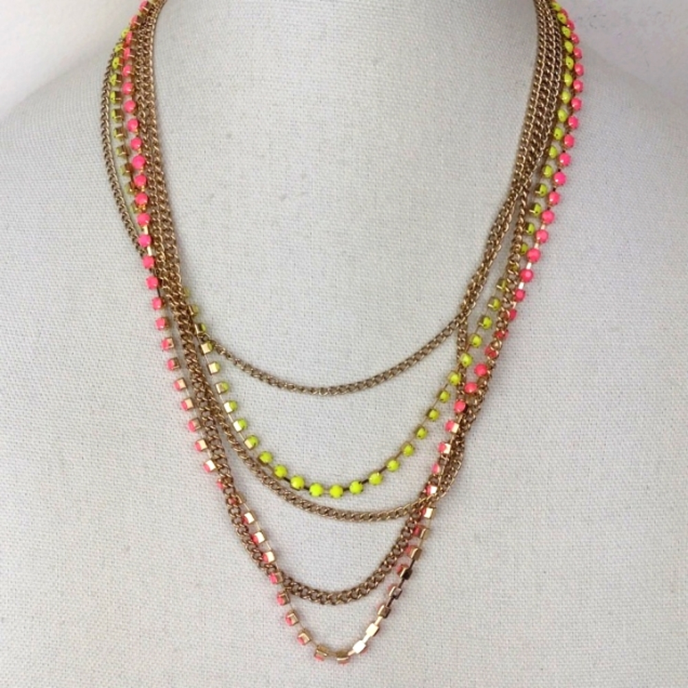 Hot Pink & Lime Green Rhinestone-Set Gold Tone Multi-Chain Boho Necklace
